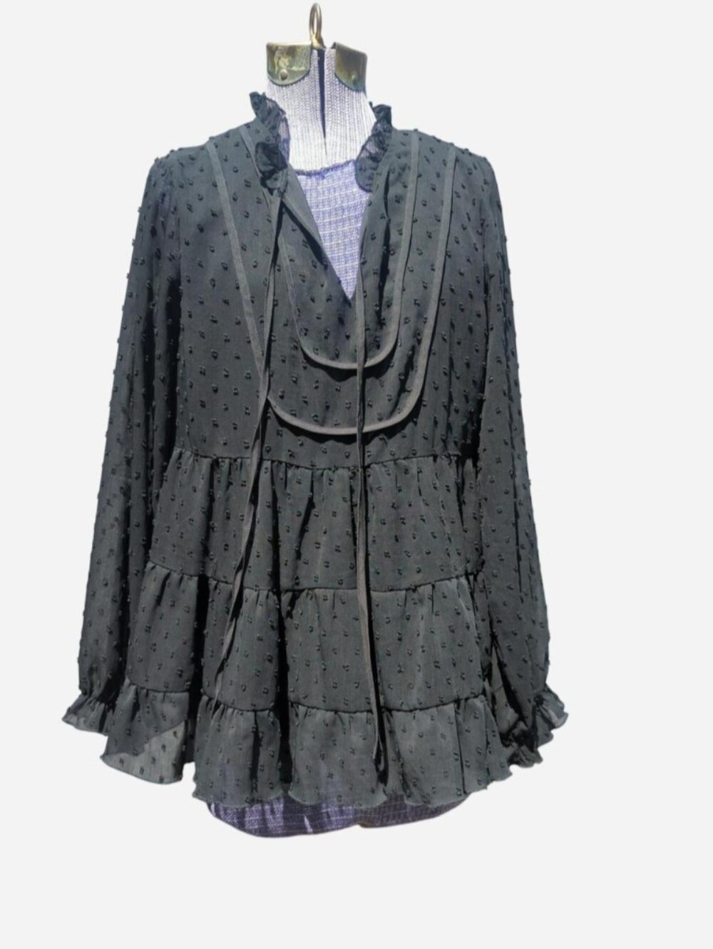Black Textured Swiss Dot Tiered Peasant Blouse Small